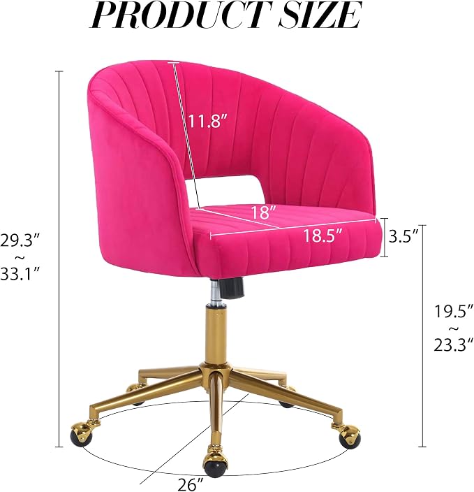 Home Office Chair Swivel Velvet Desk Chair Accent Armchair Upholstered Modern Tufted Chairs with Gold Base for Girls Women Ergonomic Study Seat Computer Task Stools for Living Room(Hot Pink)