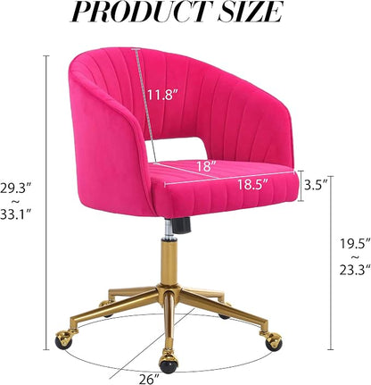 Home Office Chair Swivel Velvet Desk Chair Accent Armchair Upholstered Modern Tufted Chairs with Gold Base for Girls Women Ergonomic Study Seat Computer Task Stools for Living Room(Hot Pink)