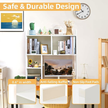 deli Desktop Shelf, Desk Hutch with 5 Shelves for Computer Desk, Desktop 3-Tier Display Rack, Multipurpose Wood Desktop Bookshelf Storage Organizer for Dorm Office Home, White