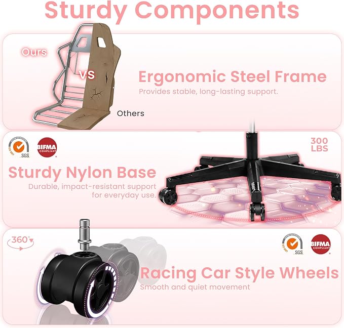 N-GEN GAMING Video Gaming Chair with Footrest Lumbar Support for Home Office High Back Recliner Height Adjustable Ergonomic Comfy Fabric Computer Desk Chair (Pink)