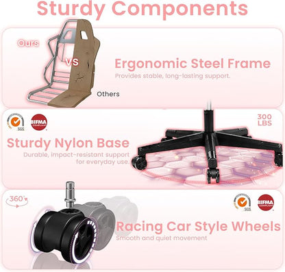 N-GEN GAMING Video Gaming Chair with Footrest Lumbar Support for Home Office High Back Recliner Height Adjustable Ergonomic Comfy Fabric Computer Desk Chair (Pink)