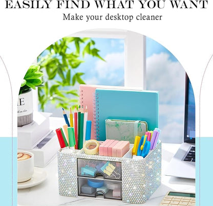 MotiMind Silver Bling Desk Organizer with 2 Drawer, Sparkly Makeup Organizer for Vanity, Girly Desk Accessories, Rhinestone Pen Holder, Elevate Your Workspace with Silver Serenity (Diamond)