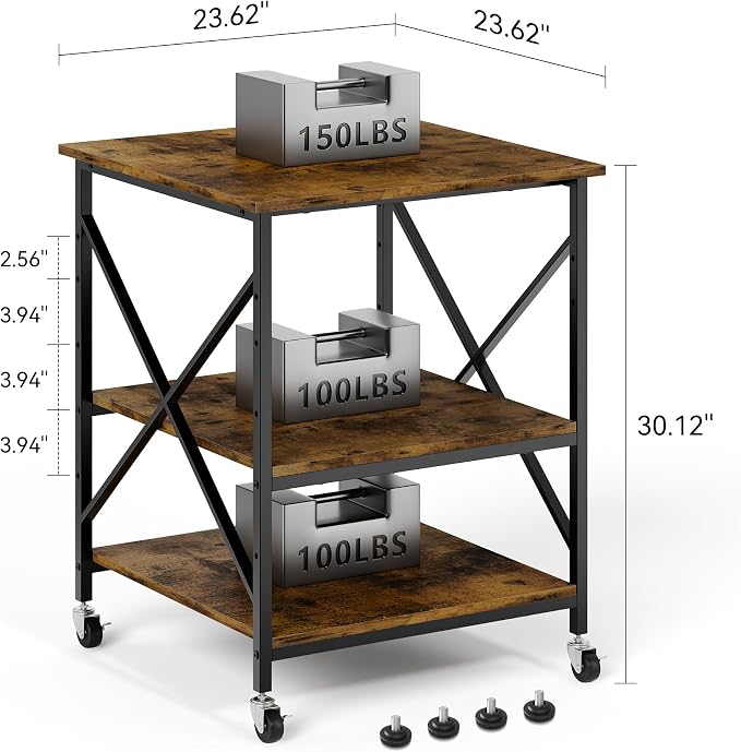 Warmiehomy 24"x24"x30" Large Printer Stand with Storage, 3 Tier Rolling Printer Cart Table, Mini Fridge Stand with Wheels, Use for 3D Laser Printer Home Office, Rustic Brown