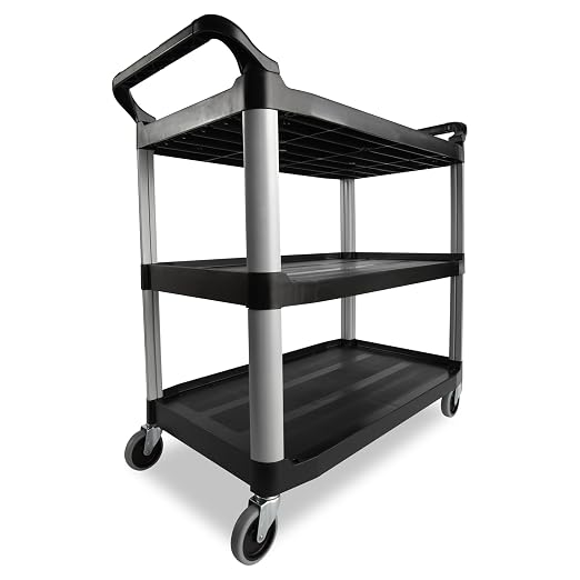Rubbermaid Commercial Products Heavy Duty 3-Shelf Rolling Service/Utility/Push Cart, 300 lbs. Capacity, Black, for Restaurant/Cleaning/Office use (FG409100BLA)