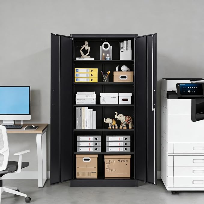72" Tall Metal Storage Cabinet with Lock, Garage Cabinet with 2 Locking Doors and 5 Adjustable Shelves,Steel Locking Cabinets for Garage,Home Office,Kitchen,School,Warehouse(Black)