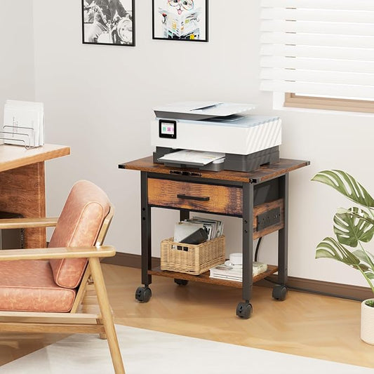 Lerliuo Under Desk Rolling Printer Stand with Charging Station and USB Ports, 2-Tier Printer Table Desk with Fabric Drawer, Printer Cart Holder with Lockable Wheels for Home, Office (Brown)