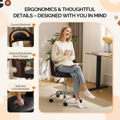 VINGLI Armless Home Office Desk Chair, Adjustable Swivel Chair,Dual-Use with/no Wheels,Small Retro Designed Walnut Curved Task Chair,Cushioned Nail Tech Chair for Study Area,Workspace,PU,Black
