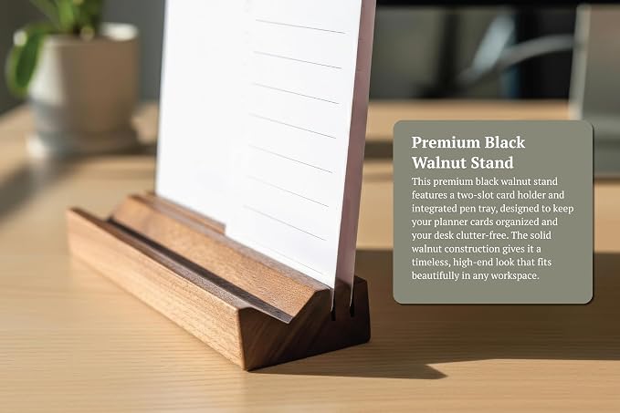 Minimalist Weekly Planner Desk Set – Solid Black Walnut Stand with Pen Tray, Double-Sided Planner & To-Do Cards (Walnut Stand and Planner Cards)