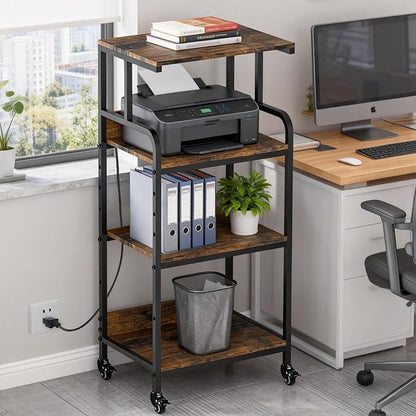 Rustic Brown 4 Tier Adjustable Mobile Printer Stand Rolling Cart | Tall space saving design for small home office holds scanner cricut heat press fax machine and various desktop equipment