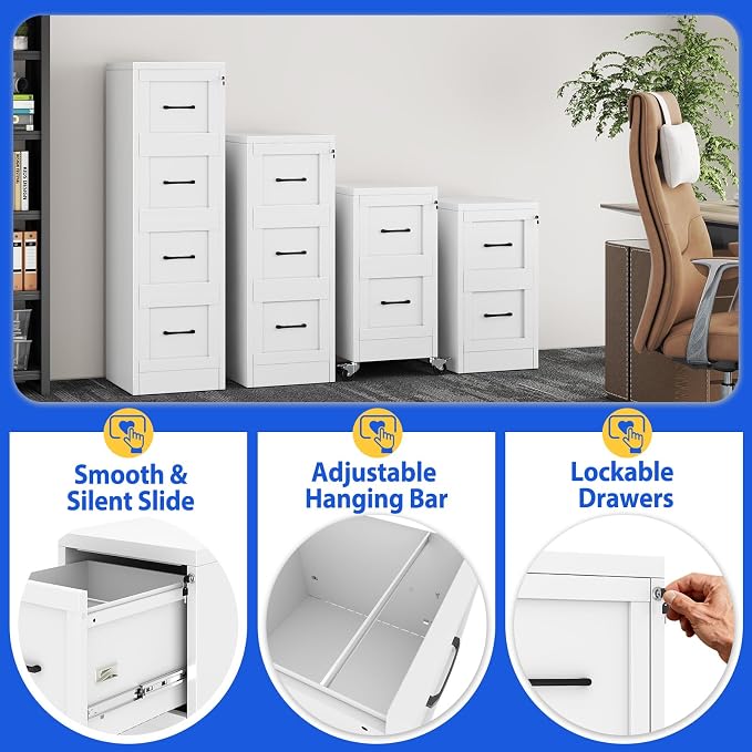 GAIOUS Metal Vertical File Cabinet with Lock, Home Office 4 Drawer Cabinet | 4 Drawer Filing Cabinet, Beside Desk File Cabinet, White Lockable Storage Cabinet, Fits Letter/Legal/A4 Size