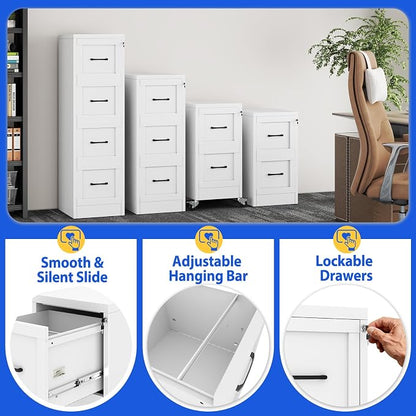 GAIOUS Metal Vertical File Cabinet with Lock, Home Office 4 Drawer Cabinet | 4 Drawer Filing Cabinet, Beside Desk File Cabinet, White Lockable Storage Cabinet, Fits Letter/Legal/A4 Size