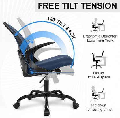 Primy Office Chair Ergonomic Desk Chair with Flip up Armrests Swivel Breathable Desk Mesh Computer Chair with Adjustable Lumbar Support and Height for Conference Room (Navy)