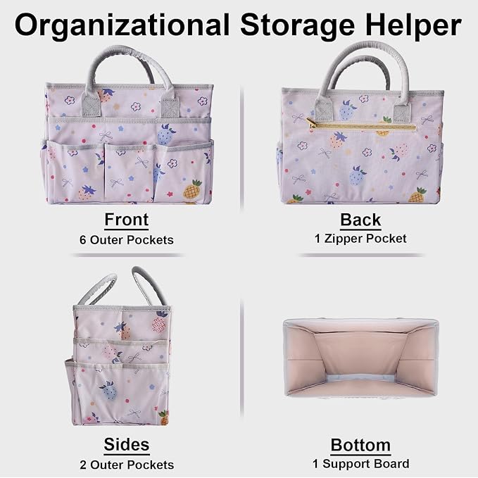 Cupohus Art Organizer Craft Storage Tote Bag with Pockets and Handles, Oxford Fabric Carrying Caddy for Teacher, Officer, Artist, Traveler, and More-Pink Fruit