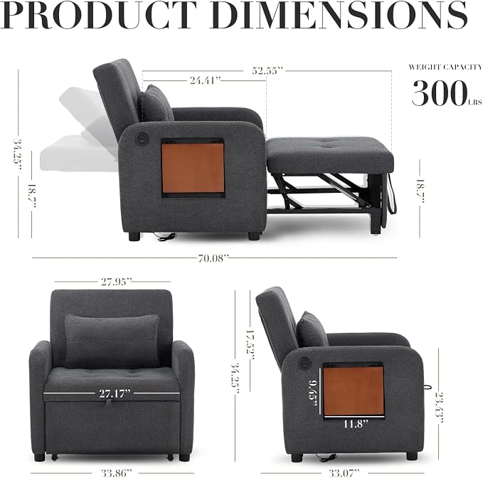 Convertible Sleeper Chair-Fabric Futon Sofa Bed, Single Sleeper Sofa, Small Couch Bed with USB Port, Foldable Table, Pillow, Adjustable Backrest for Dorm/Bedroom/College Darkgrey