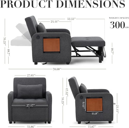 COLAMY Convertible Sleeper Chair-Fabric Futon Sofa Bed, Single Sleeper Sofa, Small Couch Bed with USB Port, Foldable Table, Pillow, Adjustable Backrest for Dorm/Bedroom/College Darkgrey