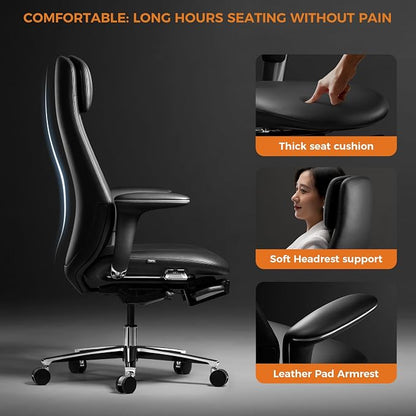 TOMU Executive Office Chair with Foot Rest, Top Grain Genuine Leather Office Chair, Ergonomic High Back Design. Real Leather, Wheels, Alumium Base. Padded Armrest, Luxury and Comfy (Black)