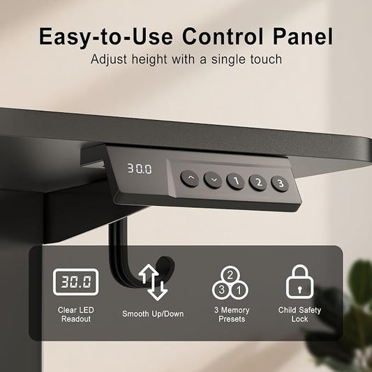 Height Adjustable Electric Desk,Stand up Desk with 3 Memory Presets & Child Lock, Quiet Motor, Industrial Steel Frame, Leveling Feet, for Ultimate Computer Workstation，48×24inch，Black