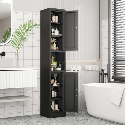 pozdeg 67" Tall Narrow Storage Cabinet Metal Bathroom Cabinet with 2 Doors & 4 Adjustable Shelves, Standing Pantry Cabinets Cupboard for Kitchen, Dining Room, Living Room and Bathroom (Black)