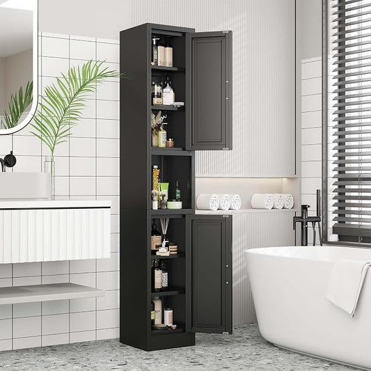 pozdeg 67" Tall Narrow Storage Cabinet Metal Bathroom Cabinet with 2 Doors & 4 Adjustable Shelves, Standing Pantry Cabinets Cupboard for Kitchen, Dining Room, Living Room and Bathroom (Black)