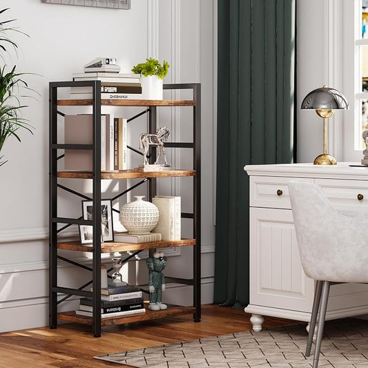 Homeiju Bookshelf, 4 Tier Small Bookcase, Organizers and Storage, Metal Small Bookcase, Rustic Book Shelf Organization and Storage for Living Room, Bedroom, and Home Office(Rustic Brown)