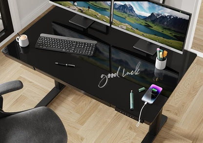 Claiks Small Glass Standing Desk with Drawers & USB Ports, 32 Inch Adjustable Stand Up Desks with Storage, Quick Install One-Piece Computer Desks for Small Space and Home Office, Black
