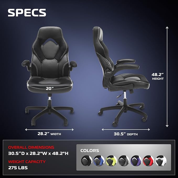 RESPAWN 3085 Ergonomic Gaming Chair for Adults, High Back Office Chair with Headrest and Flip Up Arms, Leather Racing Style Gaming Seat with Lumbar Support, Video Game Computer Desk Seat - Black