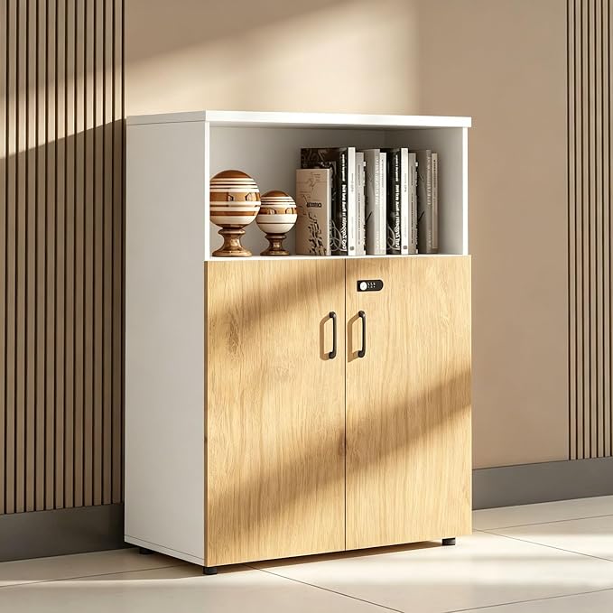 File Cabinet with Password Lock, Wood Lateral Filing Cabinet for Letter/A4 Files, 3 Drawer with Door, Printer Stand with Open Shelves for Home Office