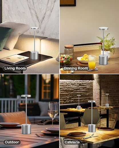 Silver Cordless Table Lamp Rechargeable - 2 Pack 5000mAH Battery Operated Lamp for Counter, 3 Color Stepless Dimming Waterproof LED Wireless Lamp for Dining Kitchen, Outdoor Patio, Touch Control