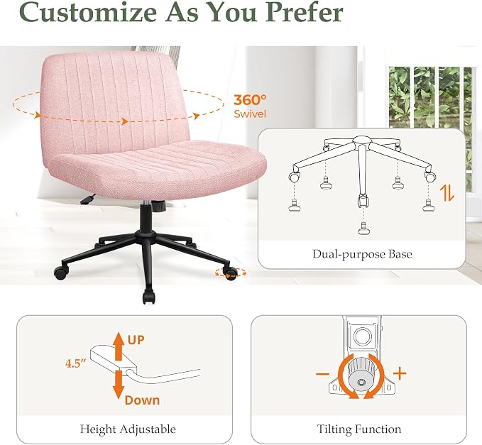 Orange Factory Criss Cross Chair Wheels Wide Cross Legged Office Desk Vanity Dual Base Comfy Fabric Armless Adjustable Swivel for Home Computer Task (Pink Dual Base, Fabric)