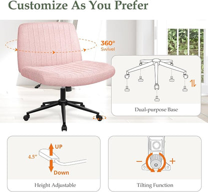 Orange Factory Criss Cross Chair Wheels Wide Cross Legged Office Desk Vanity Dual Base Comfy Fabric Armless Adjustable Swivel for Home Computer Task (Pink Dual Base, Fabric)