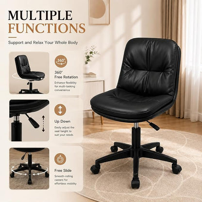 Vanity Chair with Back, PU Leather Swivel Office Desk Chair, Height Adjustable Armless Chair for Small Spaces, Bedroom, Vanity, Home Office Black
