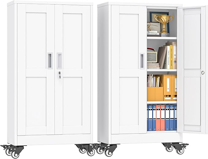 pozdeg 45.6" Metal Garage Storage Cabinets with Wheels, Lockable Rolling File Cabinets with 2 Doors and 3 Adjustable Shelves, Steel Tool Organizer Locker for Office Home Garage Gym School, White
