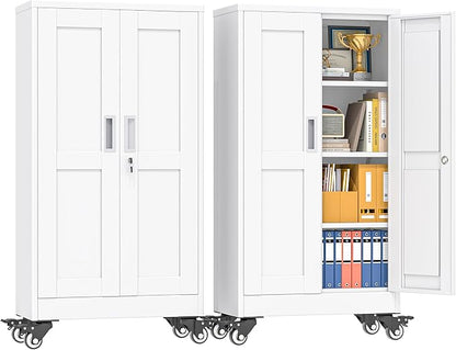 pozdeg 45.6" Metal Garage Storage Cabinets with Wheels, Lockable Rolling File Cabinets with 2 Doors and 3 Adjustable Shelves, Steel Tool Organizer Locker for Office Home Garage Gym School, White