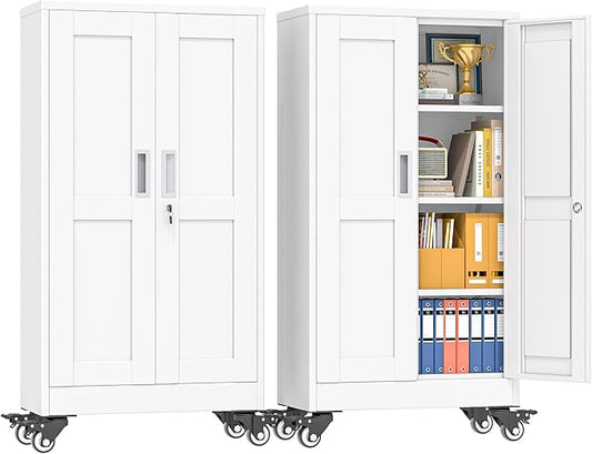 pozdeg 45.6" Metal Garage Storage Cabinets with Wheels, Lockable Rolling File Cabinets with 2 Doors and 3 Adjustable Shelves, Steel Tool Organizer Locker for Office Home Garage Gym School, White