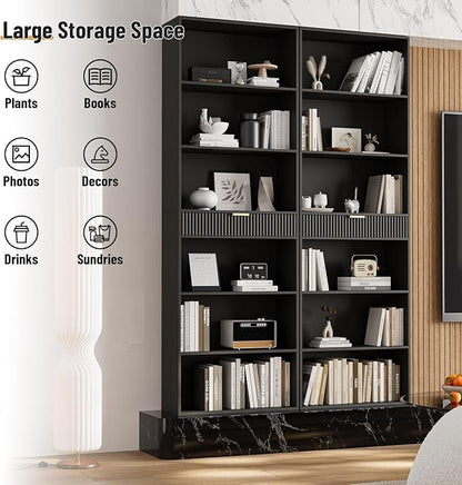 72" Tall Bookshelf with Storage, 7-Tier Bookcase Fluted with Drawer, Display Book Shelf Book Organizer with Anti-tip Device, Home Decor Wood Furniture for Bedroom, Living Room and Office, Black