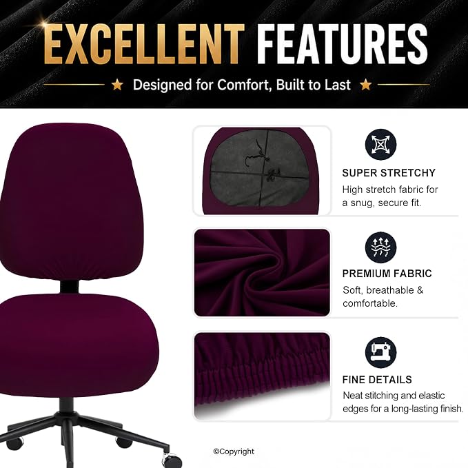 Stretchable Desk Office Chair Seat Covers - Universal Spandex Computer Chair Slipcover - Removable Washable Rotating Backrest Coverings & Cushion Protectors for Dogs, Cats, Pets, Plum