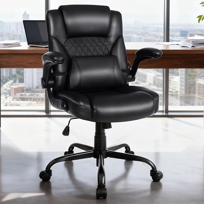 Home Office Chair with Lumbar Support, 5" Thickened Seat, Small PU Leather Rocking Desk Chair, Comfy Computer Chairs with Rolling Wheels & Adjustable Armrests for Adults, Black