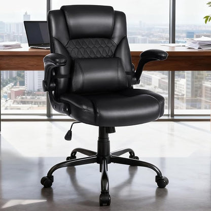 Home Office Chair with Lumbar Support, 5" Thickened Seat, Small PU Leather Rocking Desk Chair, Comfy Computer Chairs with Rolling Wheels & Adjustable Armrests for Adults, Black
