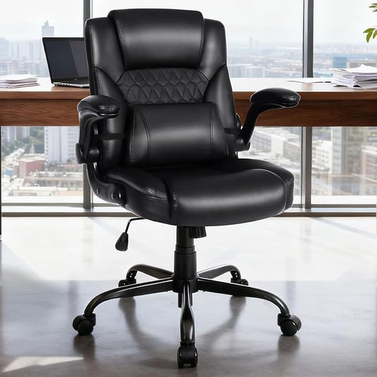 Home Office Chair with Lumbar Support, 5" Thickened Seat, Small PU Leather Rocking Desk Chair, Comfy Computer Chairs with Rolling Wheels & Adjustable Armrests for Adults, Black