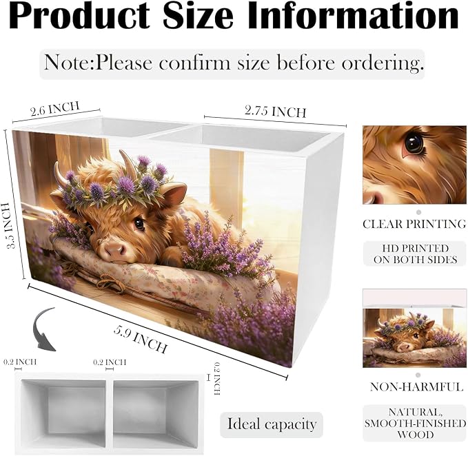 Spring Thistle Lavender Highland Cow Pen Holder for Desk, Highland Cow Gifts Wooden Box Sign Desk Decor for Home Office Decoration, Cottagecore Flower Heifer Pencil Organizer