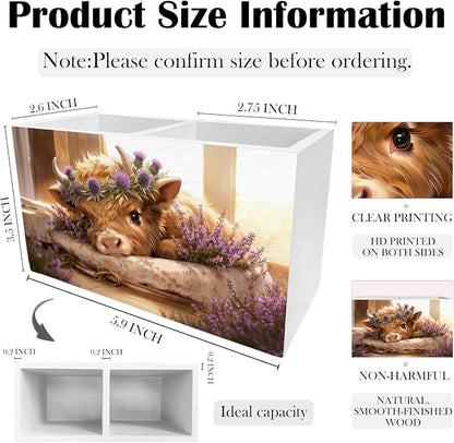 Spring Thistle Lavender Highland Cow Pen Holder for Desk, Highland Cow Gifts Wooden Box Sign Desk Decor for Home Office Decoration, Cottagecore Flower Heifer Pencil Organizer