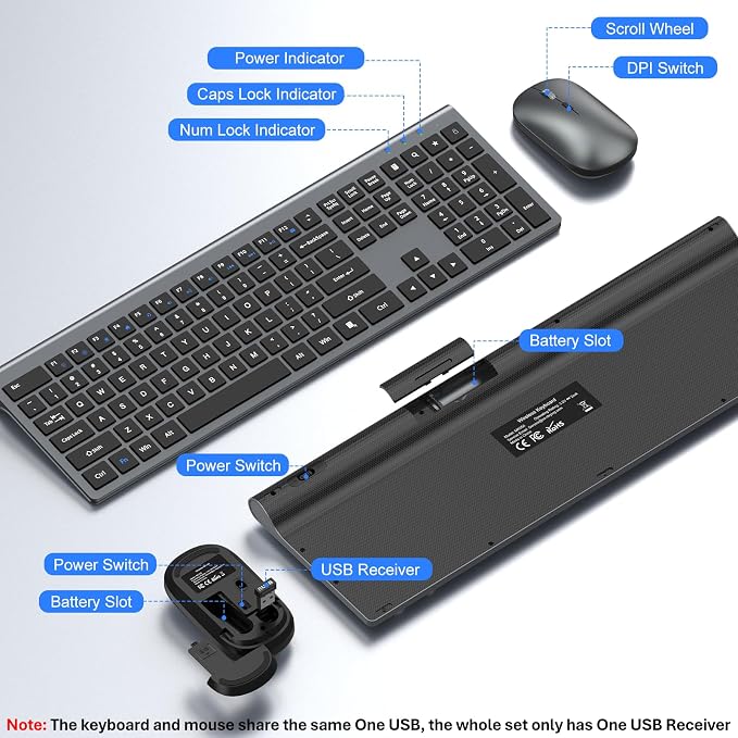 Wireless Keyboard and Mouse Combo, Full Size Keyboard and Mouse, Long Battery Life, Optical Mouse, 2.4G Lag-Free Cordless Mice Keyboard Set Ultra Slim Design for Computer, Laptop, PC, Mac (Gray Black)