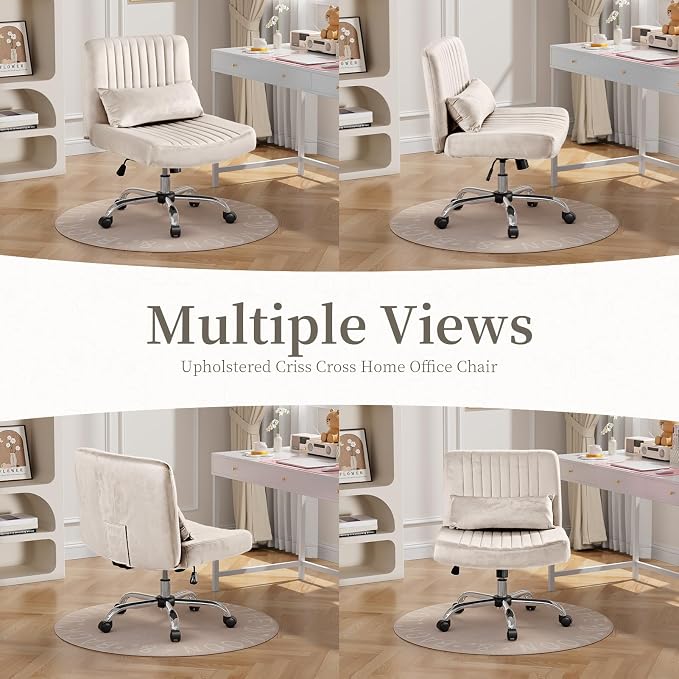 Velvet Office Chair, Luxury Criss Cross Chair with Wheels, Comfy Cross Legged Desk Chair for Home Office, Height Adjustable Vanity Chair, Wide Seat Computer Chair, Gift for Girlfriend, Cozy Beige