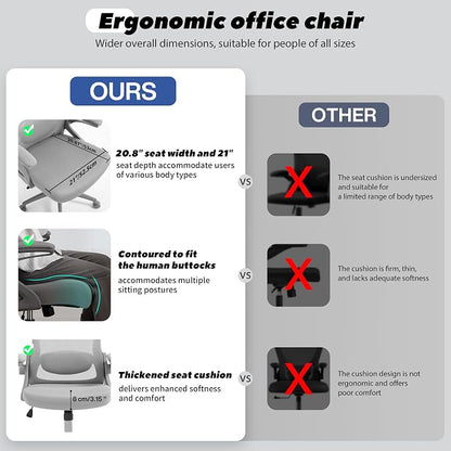Fizzin Office Chair, Ergonomic Office Chair with Adjustable Headrest Lumbar Support Computer Chair, 400 lbs Desk Chair Comfy with Flip-up Armrests - Gaming Chairs for Adults Home Office (Gray)
