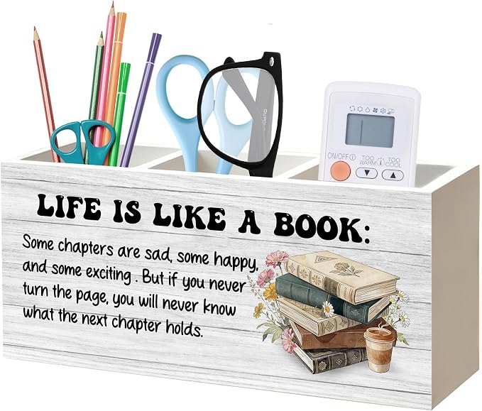 Inspirational Book Lover Gifts Pen Pencil Holder Organizer for Home Office Classroom Desk Accessories, Reader Gifts, Bookish Wood Signs for Reading Nook Corner Room Desk Tabletop Decor