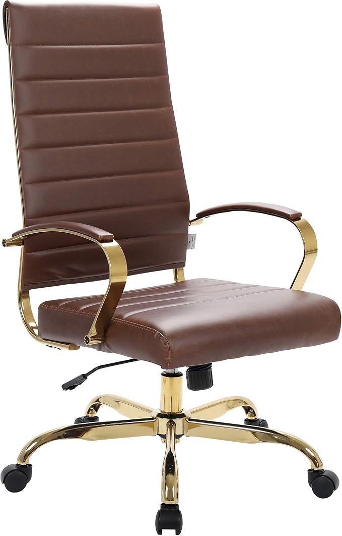 LeisureMod Modern High-Back Leather Office Chair - Swivel & Adjustable Executive Desk Chair with Gold Frame, Ergonomic Design for Home & Office (Brown, Set of 2)