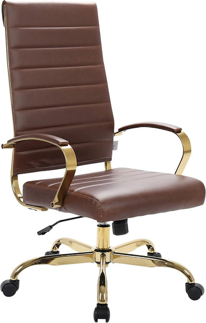 LeisureMod Modern High-Back Leather Office Chair - Swivel & Adjustable Executive Desk Chair with Gold Frame, Ergonomic Design for Home & Office (Brown, Set of 8)