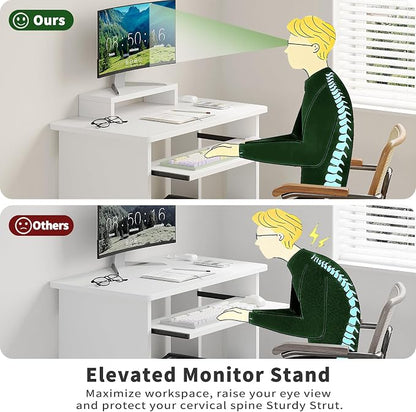 ALISENED Computer Desk, 30 Inch Compact Desk with Keyboard Tray & Monitor Stand for Space-Saving, Ergonomic Study Desk with Storage Shelves for Writing, Gaming, Working, White