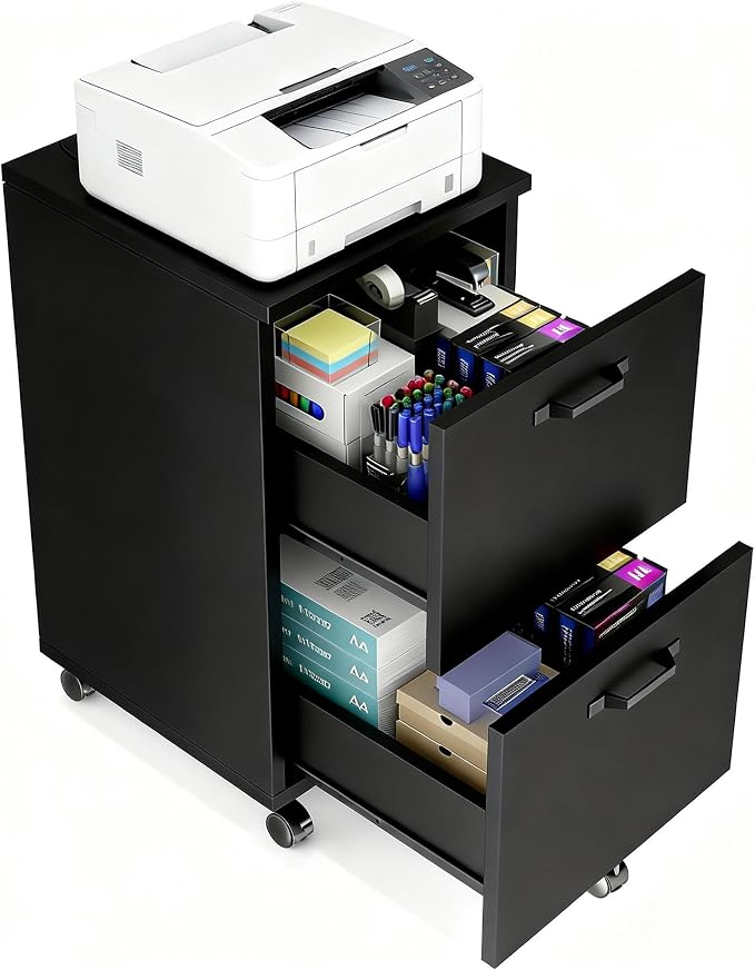 2 Drawer Filing Cabinet, Wood Rolling Filing Cabinets with Printer Stand, Under Desk Storage Lockable Wheels, Home Office Organizer for A4 Letter Legal Size Documents,Black