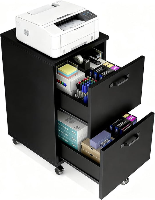 2 Drawer Filing Cabinet, Wood Rolling Filing Cabinets with Printer Stand, Under Desk Storage Lockable Wheels, Home Office Organizer for A4 Letter Legal Size Documents,Black